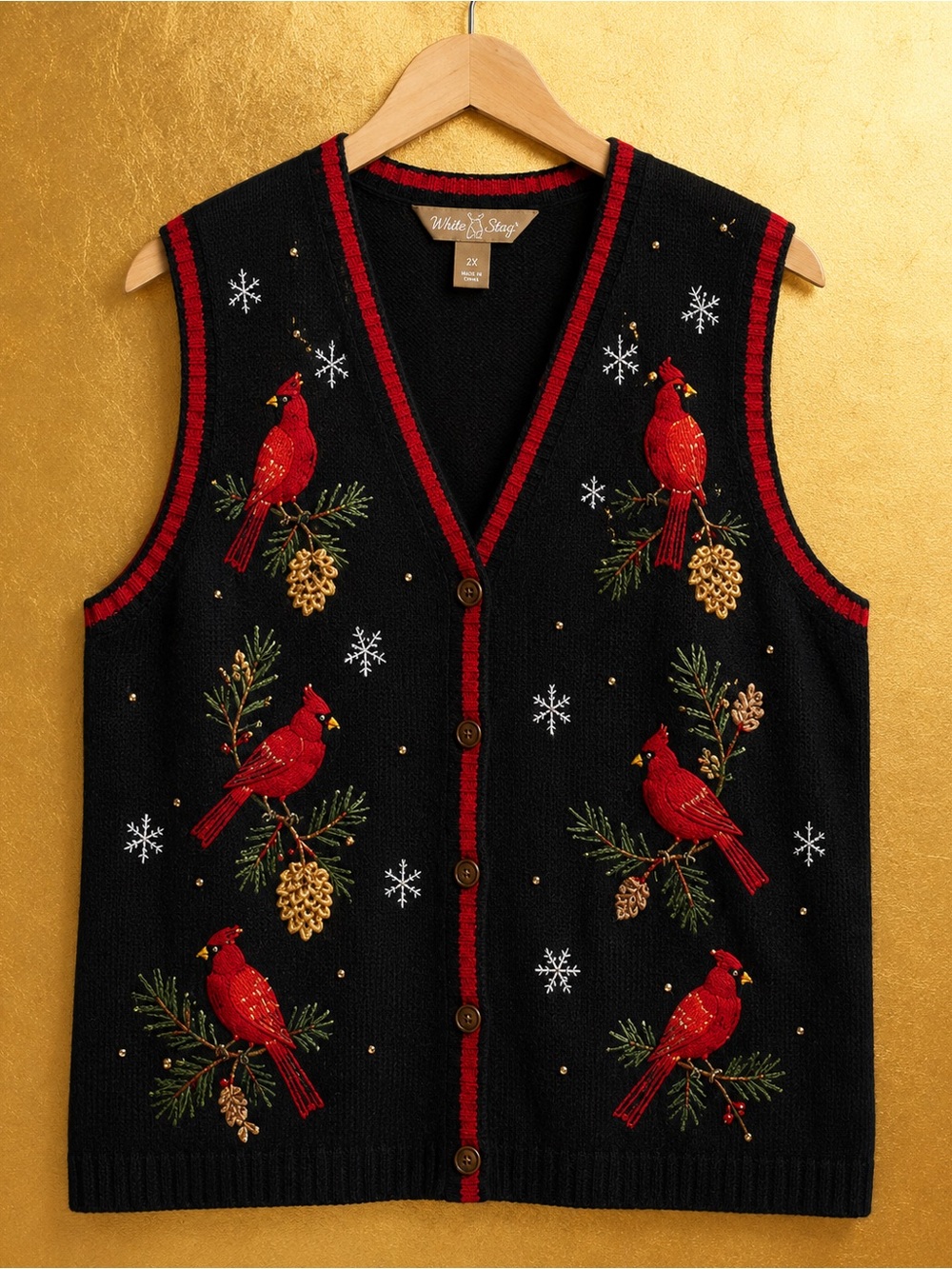 White Stag Black Vest with Red Cardinal Embroidery